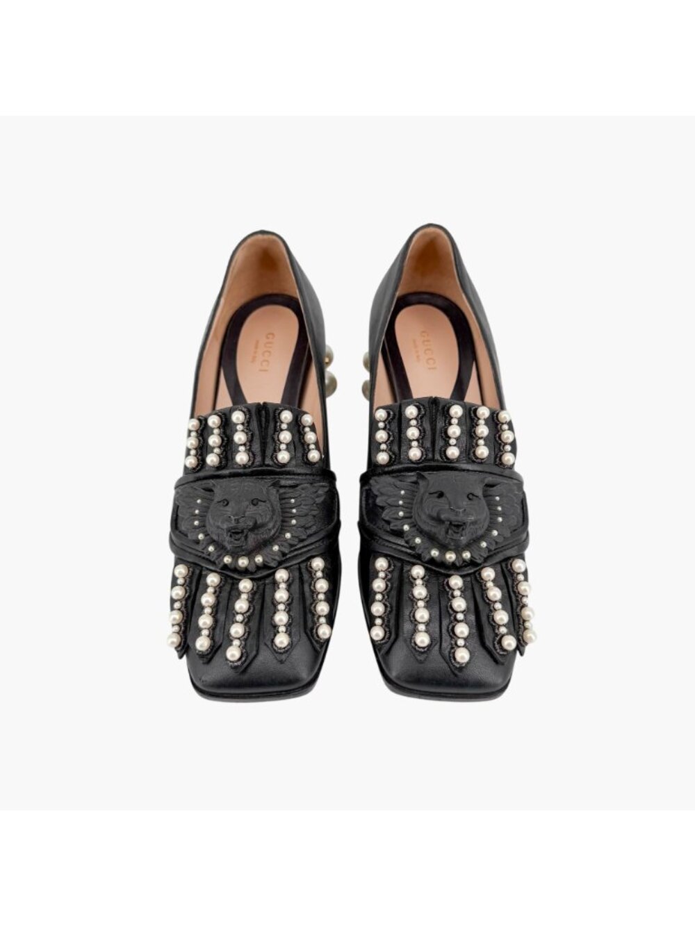 Gucci Lion Head Pearl Fringe Block Heel Loafer Pumps Black Leather Size 37 US 7 - Picture 2 of 15